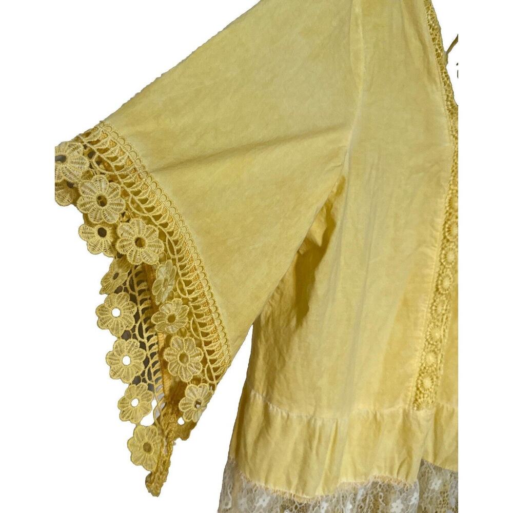 V-Neck Tunic Blouse Yellow Embroidered Crochet Trim Size L Indigo Thread Co. - Picture 4 of 12